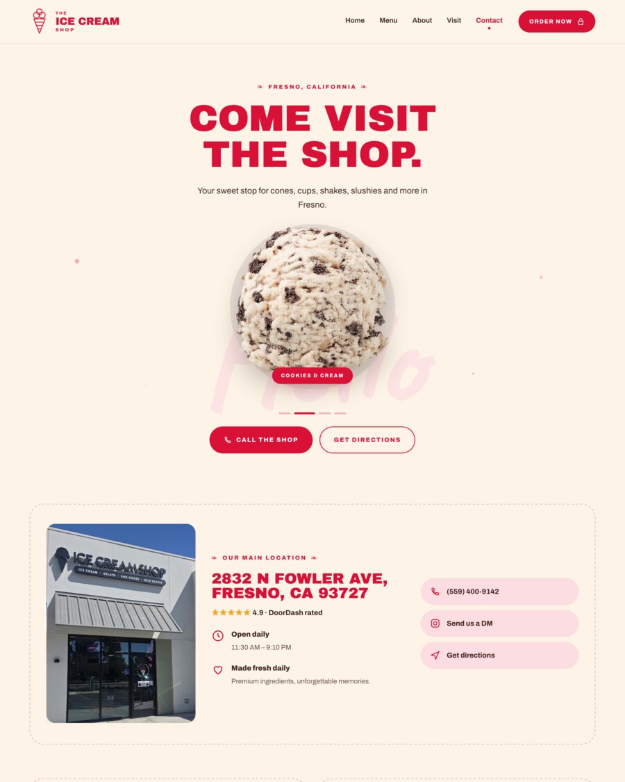 Ice cream shop contact page